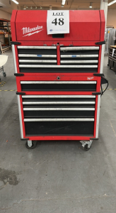 MILWAUKEE HIGH CAPACITY STEEL 12 DRAWER TOOL CHEST AND CABINET COMBO (NO KEYS/NO LOCKS/ SOME DRAWERS DO NOT PULL OUT)