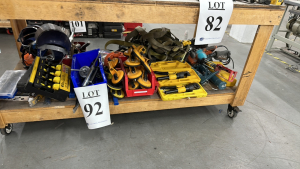 LOT OF ASST'D TOOLS: STANLEY 4 PACK RATCHET STRAPS, GLASS SUCTION PLATES, FIBERGLASS FISH TAPE, CAULKING GUNS & HYDRAULIC CRIMPERS