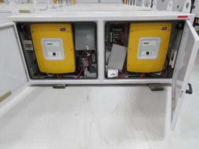 LOT (2) SMA SUNNY ISLAND INVERTERS, MODEL: SI6048-US-10 INVERTER, MAX CONTINUOUS OUTPUT POWER: 5750W, MAX CONTINUOUS OUTPUT CURRENT: 47.9A RMS, OUTPUT POWER FACTOR: -1...1, RANGE OF INPUT OPERATING VOLTAGE 80-150V AC, MAX INPUT CURRENT 56A RMS, MAX OPERAT