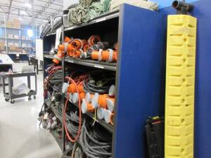 LOT ASST'D LEVITON 60A, 100A CONNECTORS AND PLUGS, PLUS ASST'D POWER CABLES AND SHELVING