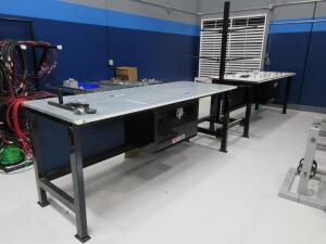 LOT (4) ASST'D METAL WORK TABLES, (2) TABLES HAVE THE DELTA PRO UNDERBODY TOOL BOX