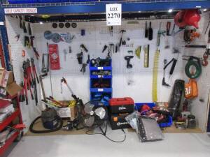 LOT OF ASST'D POWER TOOLS, HAND TOOLS, JUMPER CABLES, BANDER, STRAPS, HITCHES, HARD HATS AND DOLLIES