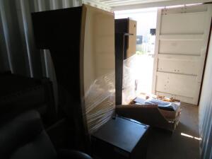 LOT OF ASST'D FURNITURE DESK, SOFAS, CABINETS, OFFICE CHAIRS, MINI FRIDGE, FOLDING BENCHES, FOLDING TABLES, AND HOT PLATES (NO CONTAINER)