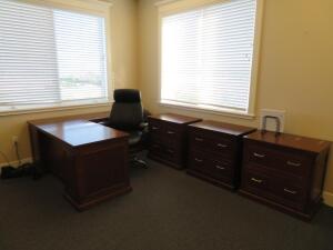 WOOD DESK WITH RIGHT RETURN AND OFFICE CHAIR, (2) WOOD BOOKCASES, (7) WOOD 2-DRAWER LATERAL FILES, SAMSUNG TV, (UP-STAIRS)