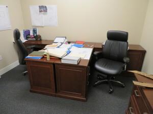 LOT (1) WOOD DESK WITH RIGHT RETURN, (1) WOOD DESK WITH LEFT RETURN, (2) OFFICE CHAIR, AND (2) WOOD 2-DRAWER LATERAL FILES, (UP-STAIRS)