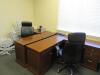 LOT (1) WOOD DESK WITH RIGHT RETURN, (1) WOOD DESK WITH LEFT RETURN, (2) OFFICE CHAIRS, (2) WOOD 2-DRAWER LATERAL FILES, AND (1) SEC. METAL SHELVING