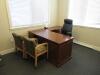 WOOD DESK WITH RIGHT RETURN WITH OFFICE CHAIR, (2) COMBINATION BOOKCASES, (3) WOOD 2-DRAWER LATERAL FILES, AND SAMSUNG TV