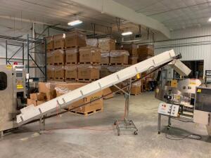 Inclined finished bottle conveyor. Variable Speed, Dayton DC speed controller & motor 120V&nbsp;12" x 96"<br />