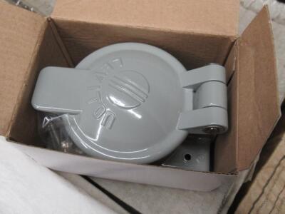 (LOT) ASST'D LEVITON 160-7770 METAL COVERS, LEVITON CS6369 RECEPTACLES AND MIDNIGHT SOLAR MNPV6-250 ENCLOSURES (NEW) (LOCATED 3855 W. HARMON LAS VEGAS