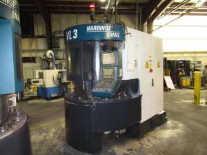 2000 HARDINGE VL3 EMAG INVERTED VERTICAL SPINDLE CNC TURNING CENTER, WITH GE FANUC SERIES 18I-T PC BASED CONTROL WITH TOUCH PAD AND LED DISPLAY, TURNI