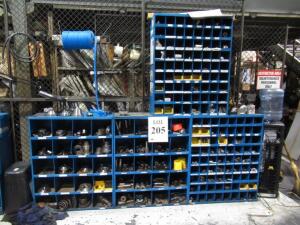 (LOT) ASSORTED MANDRELS, LOCK PINS, BRUSHES, HARDWARE, BROACHES, FANS, ETC. CABINETS INCLUDED