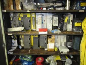 (LOT) ASSORTED MITSUBISHI AND FANUC PARTS, DRIVES, POWER SUPPLY'S, AMPLIFIERS ETC. CABINET INCLUDED