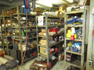(LOT) ASSORTED SPARE PARTS, MOTORS, BELTS, FILTERS, VALVES, BEARINGS, HARDWARE, RACKS INCLUDED