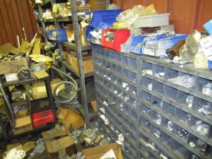 (LOT) ASSORTED HARDWARE, PARTS, FITTINGS, ELECTRICAL WIRE, ETC. CABINETS INCLUDED (RACKING NOT INCLUDED)
